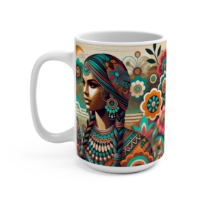 Large Ceramic Mug with Vibrant Boho Floral and Woman Design - Unique Gift for Coffee and Tea Lovers - Artistic Bohemian Drinkware - Image 3