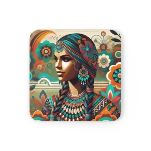 Boho Woman Art Coaster - 3.75 Square Cork Bottom Coaster with Vibrant Design - Unique Drinkware Gift for Art Lovers