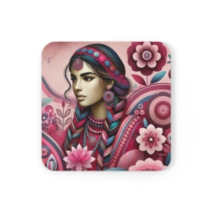 Boho Woman Art Coaster in Pink - 3.75 Square Cork Bottom Coaster with Vibrant Design - Unique Drinkware Gift for Art Lovers