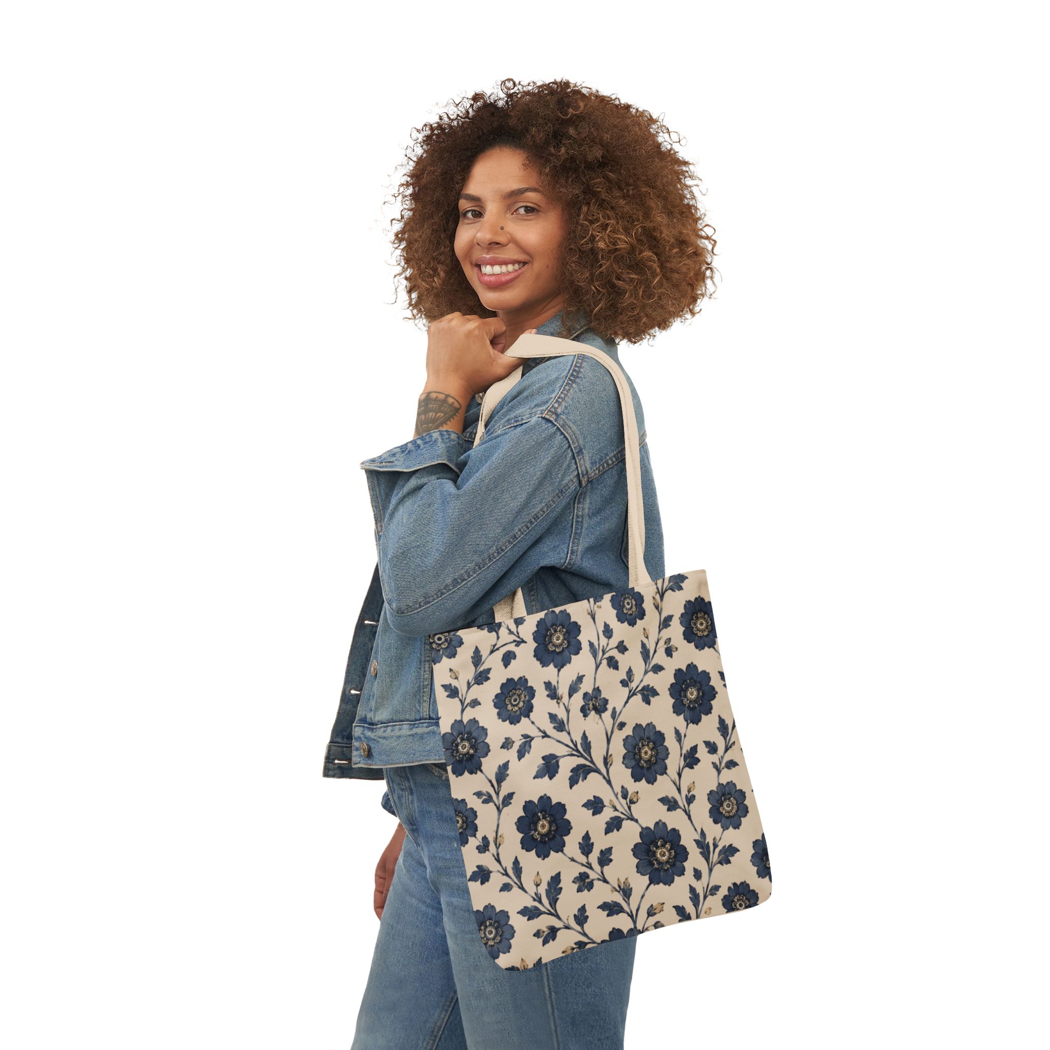 Floral Canvas Tote Bag — Navy Vintage Flower Pattern - Image 5