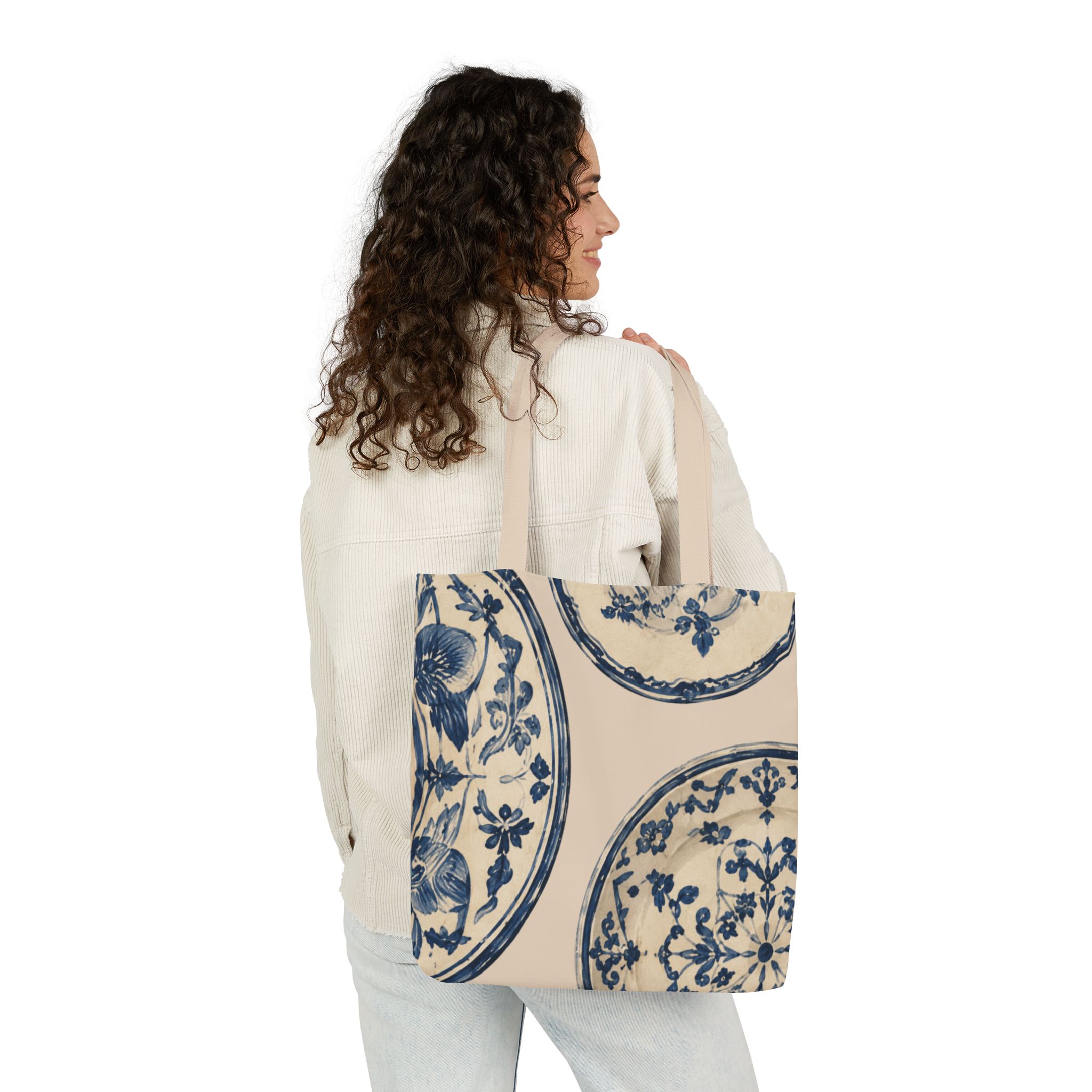 Blue Delft Plate Canvas Tote — Vintage Floral Pattern Reusable Beach & Grocery Bag - Image 10