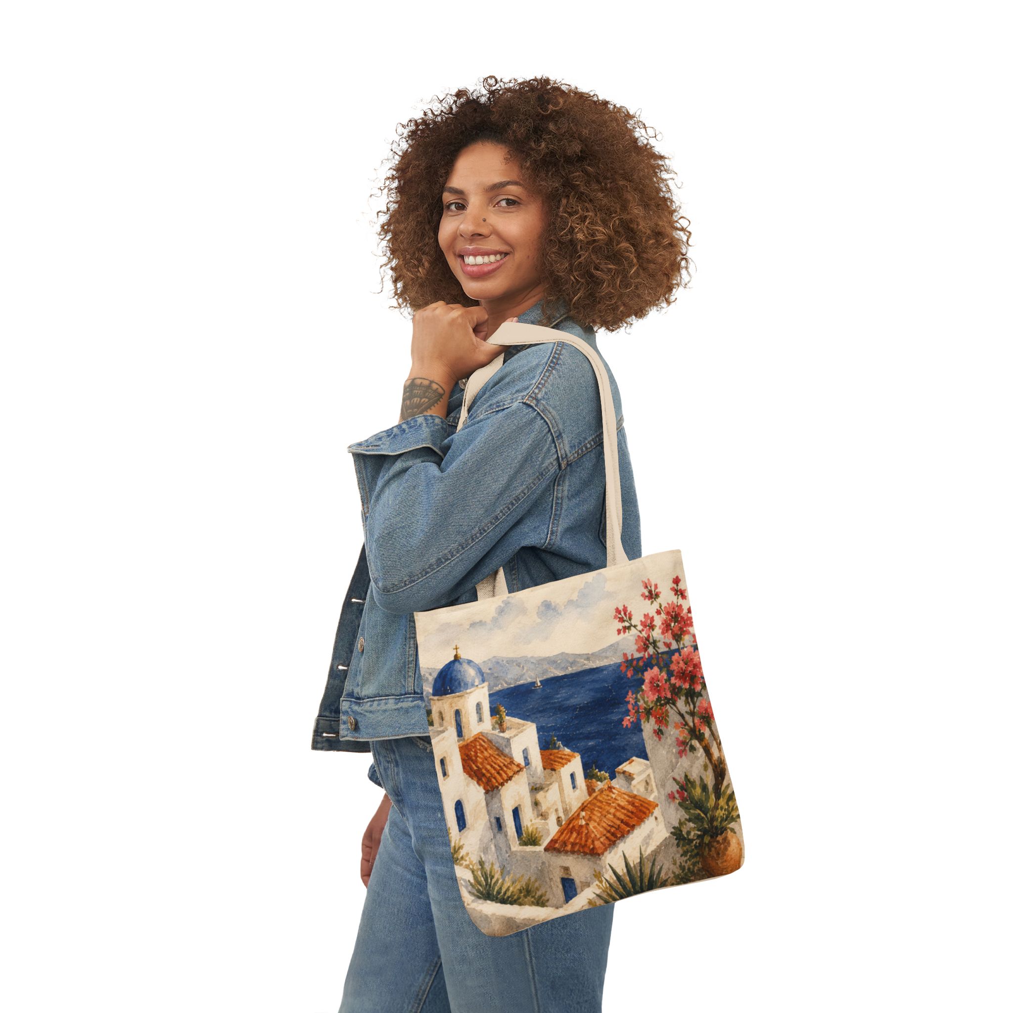 Santorini Coastal Village Canvas Tote Bag – Greek Island Beach Tote - Image 5