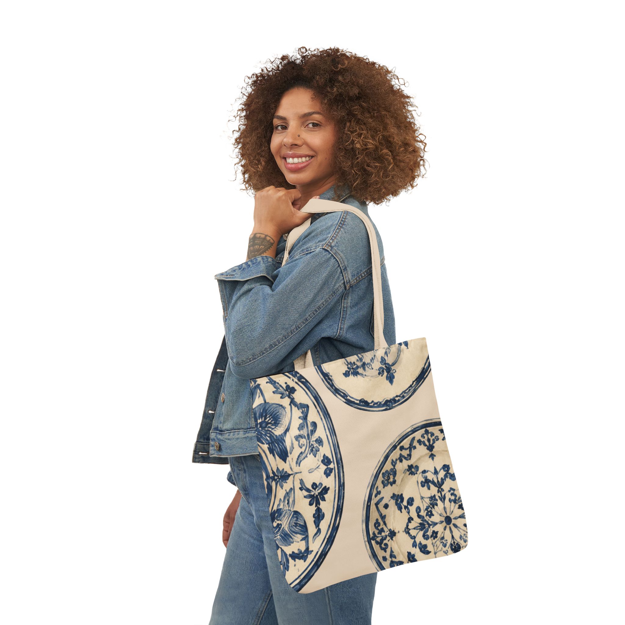 Blue Delft Plate Canvas Tote — Vintage Floral Pattern Reusable Beach & Grocery Bag - Image 11
