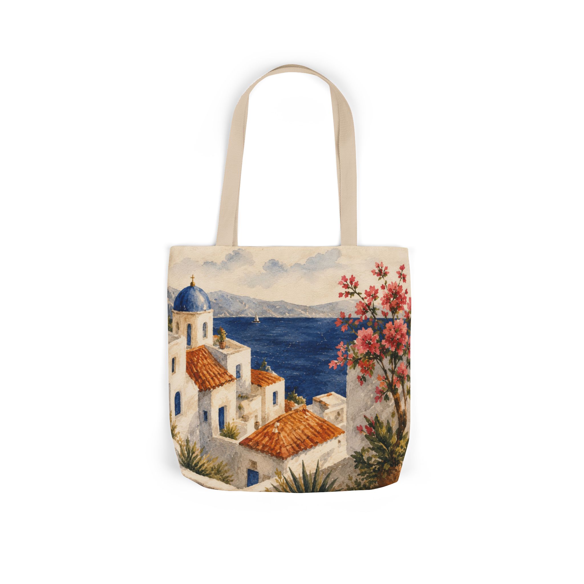 Santorini Coastal Village Canvas Tote Bag – Greek Island Beach Tote - Image 2