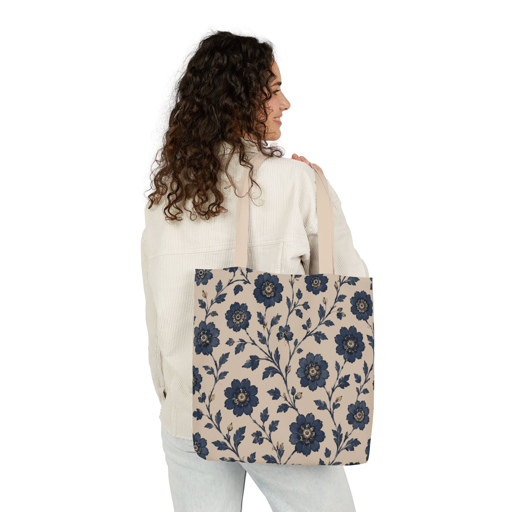 Floral Canvas Tote Bag — Navy Vintage Flower Pattern - Image 10