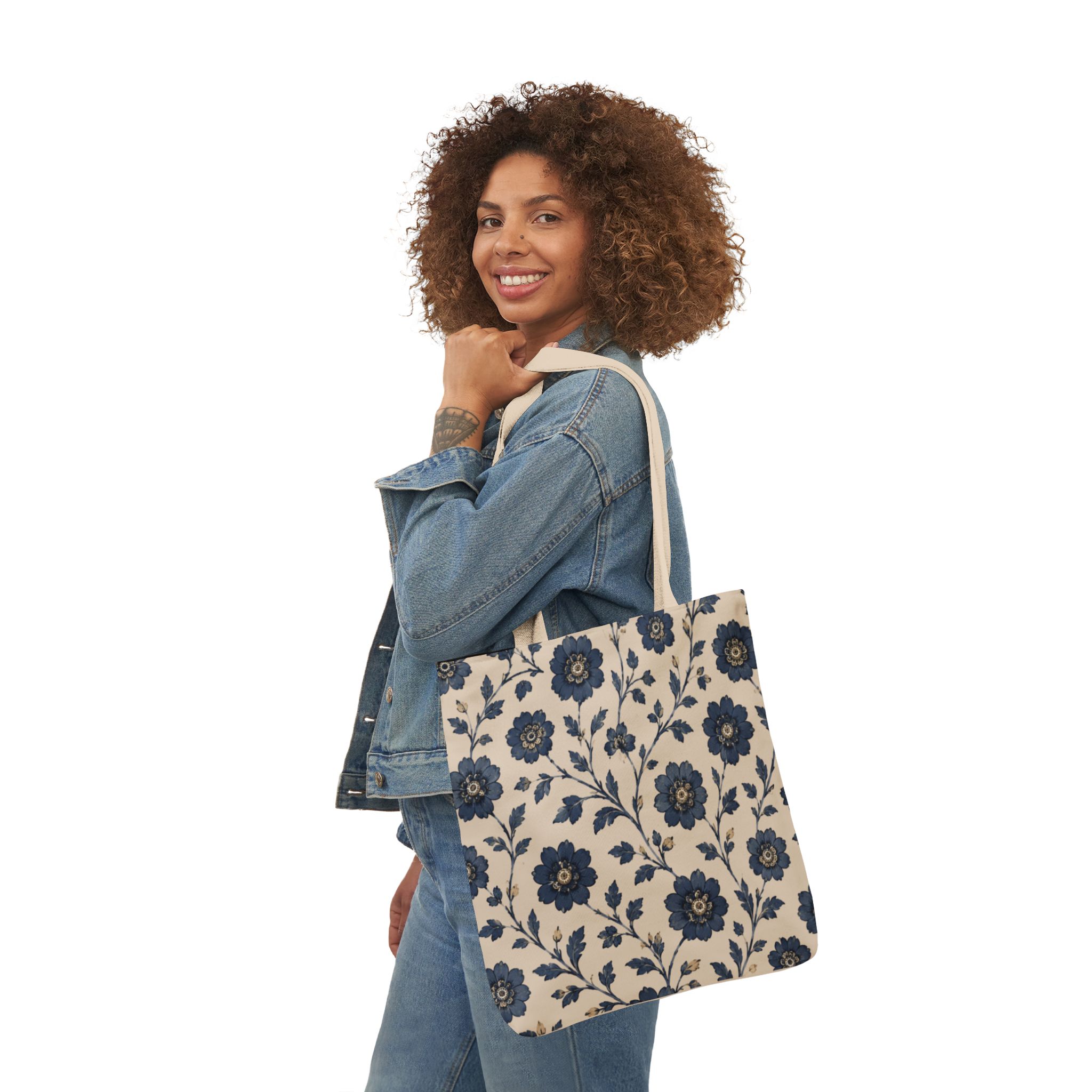 Floral Canvas Tote Bag — Navy Vintage Flower Pattern - Image 11
